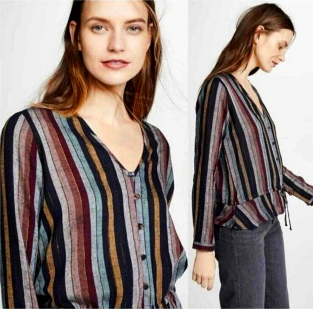 Rails Women Beaux Varadero Stripe Ruffle Hem Blouse VNeck Tie Waist Button XS